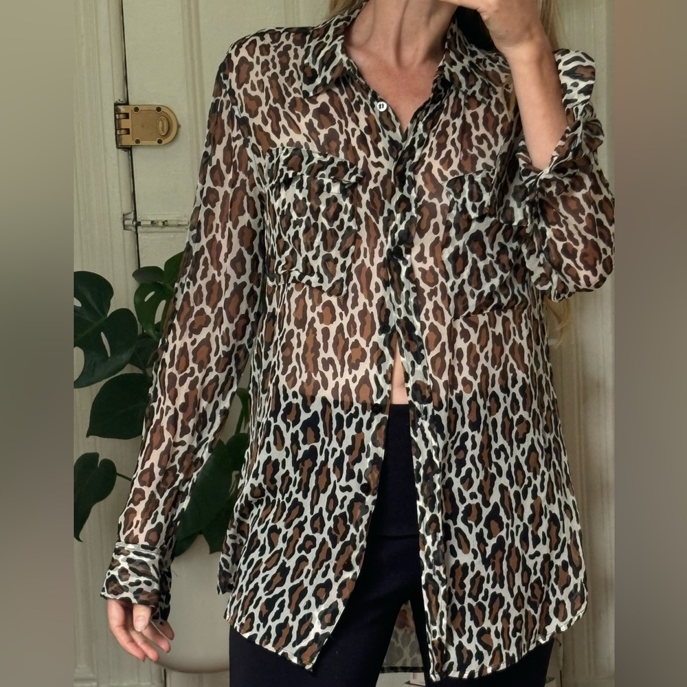 Equipment Silk Leopard Print Sheer Button Down Shirt